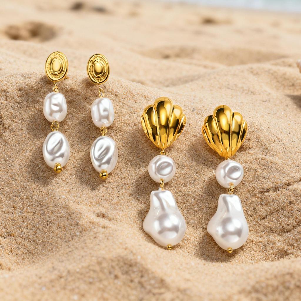 Vnox Stainless Steel Irregular Textured Oval Imitation Pearl Earrings Gold Plated Pearl Dangle Earrings Jewelry Birthday Gift
