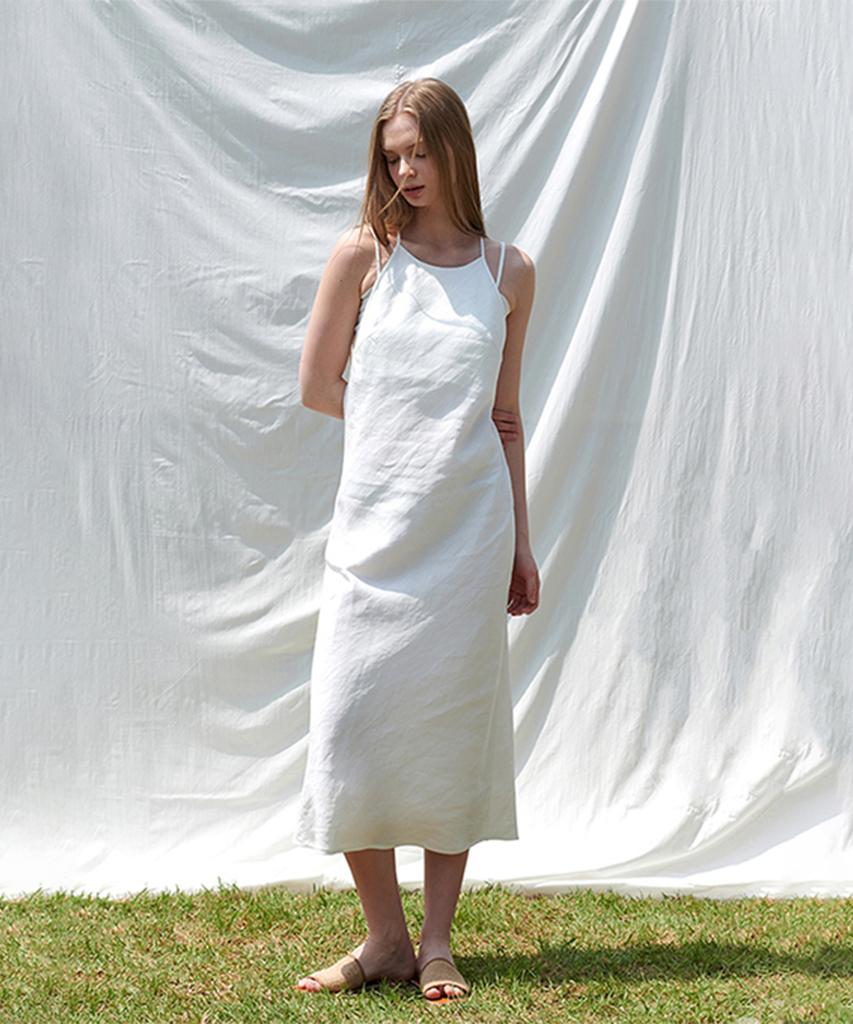 Pin Black Linen Halter Dress White
