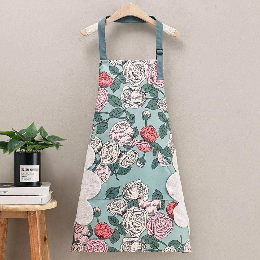 Rose Print Waterproof Apron With Hand Towel Restaurant Uniform Work Apron Household