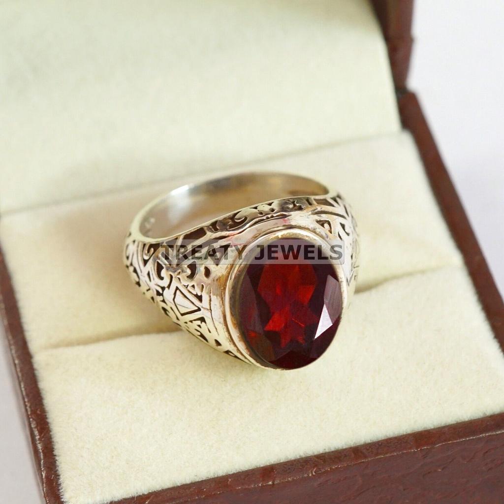 Garnet Oval Cut Gemstone With 925 Sterling Silver Ring For Men's #B72 JL375671368817