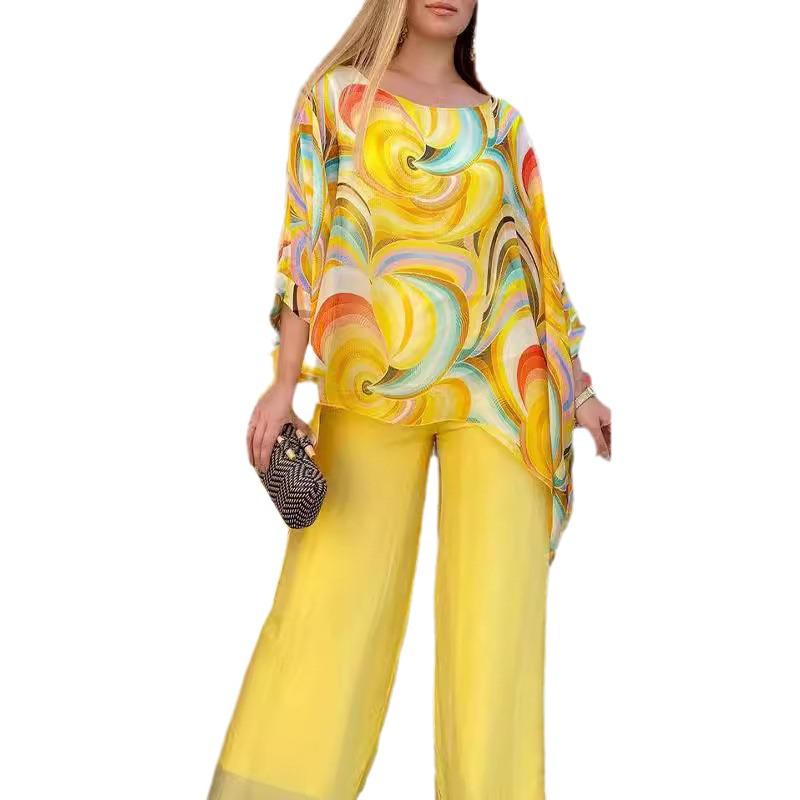 2024 Красочный шифоновый повседневный комплект из двух предметов с принтом, с круглым вырезом, летний