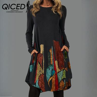 Женская мода осень-зима сплошной цвет печати с длинным рукавом и круглым вырезом с высокой талией повседневные платья