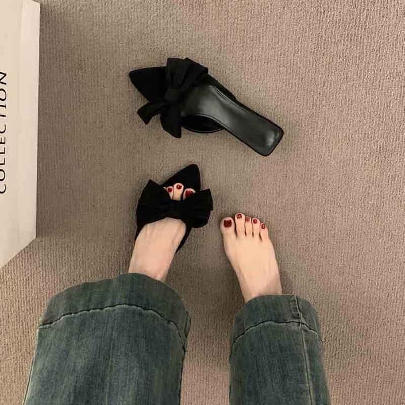 Модные женские летние шлепанцы с бантиком-бабочкой на низком каблуке, элегантные туфли для вечеринки с открытым носком, модные уличные женские шлепанцы