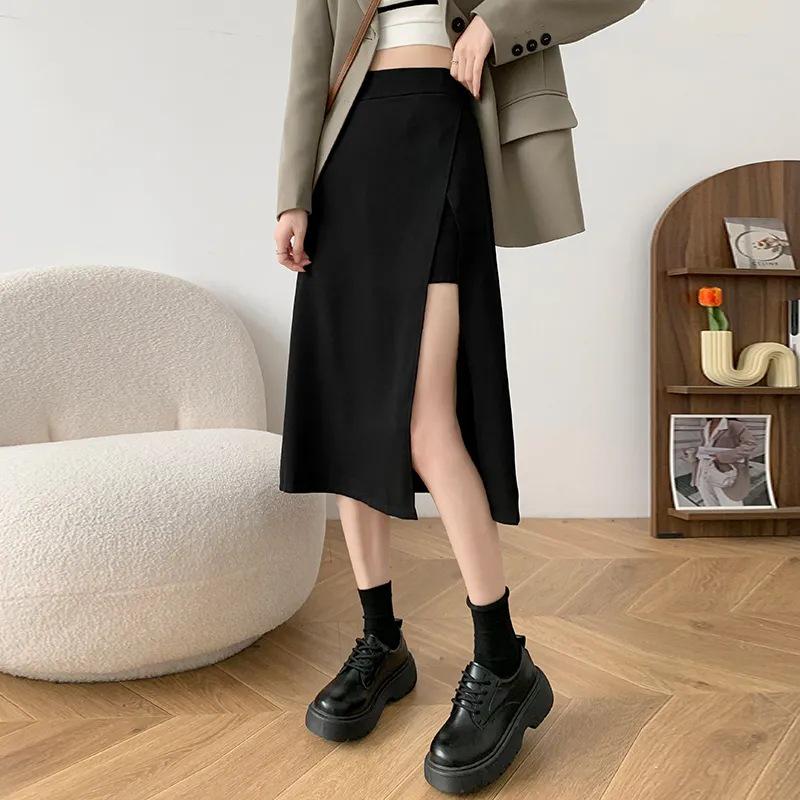 Women's High-Waisted Black A-Line Midi Skirt - 2023 Summer Slit Style, Petite Fit