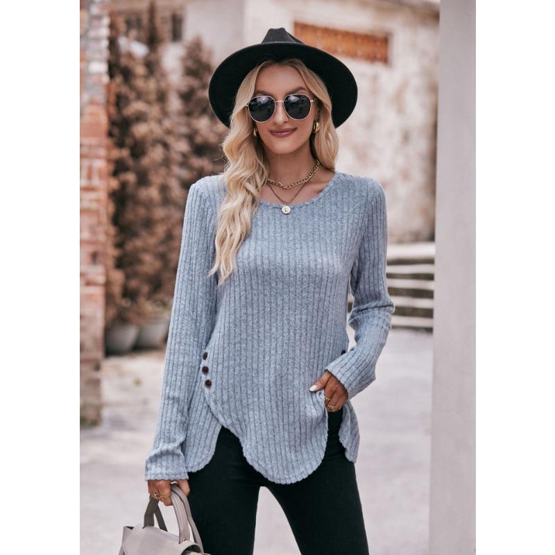 Autumn Winter Long-sleeved Round Neck Top Women's Fashion Casual Irregular Solid Color Street Style Buttons Pullover Tshirt New