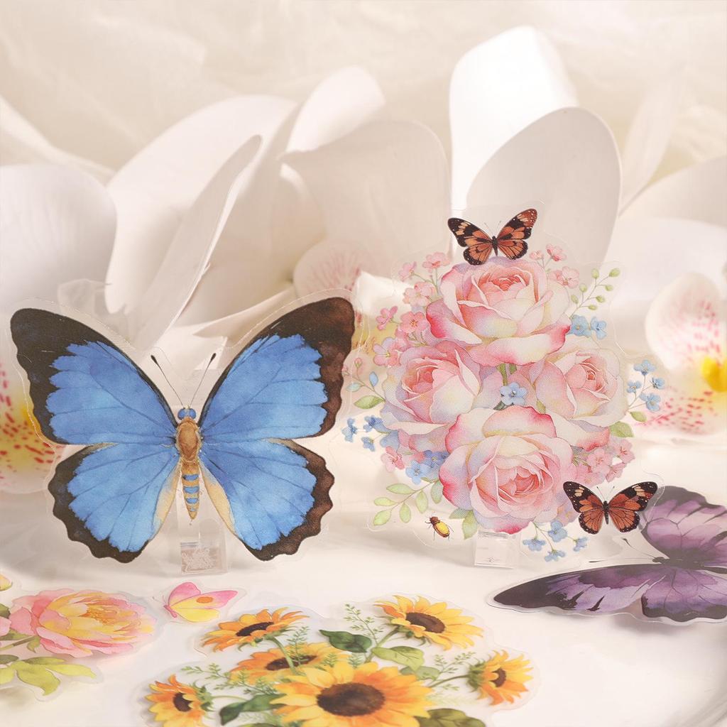 Butterfly Flower Journal Stickers - Waterproof PET Paper Stickers for Journals