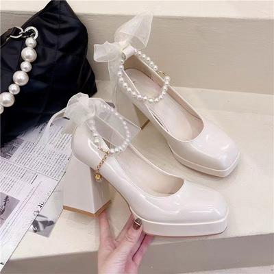 Туфли Мэри Джейн с бантом Margarite Princess на толстом каблуке 2024 года, новые модные повседневные простые универсальные однотонные туфли на высоком каблуке, осеннее время