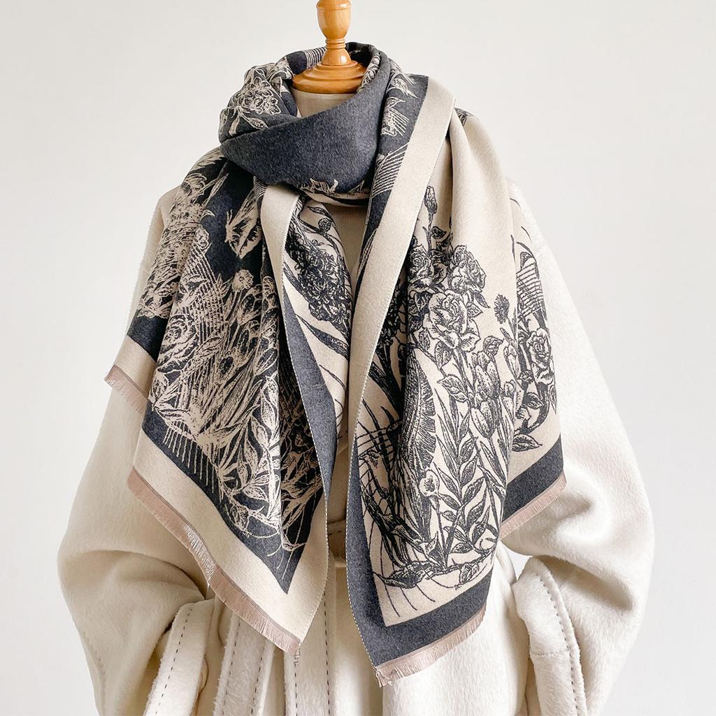 Winter Warm Reversible Faux Cashmere Blanket Scarf Ladies Retro Elegant Vintage Sketch Floral Butterfly Large Coat Shawl Wrap
