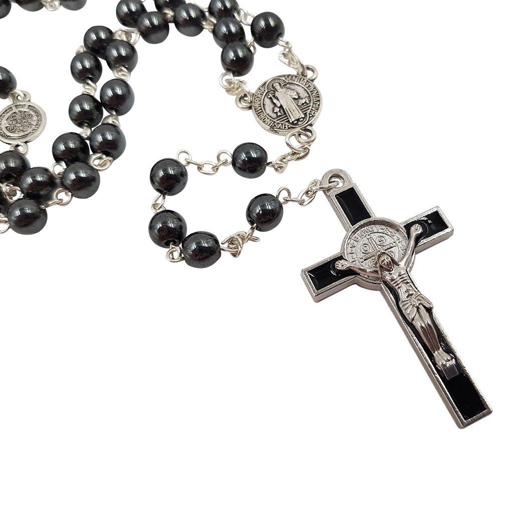 TALISMAN4U Католическое ожерелье с четками и черными гематитовыми бусинами, медаль Бенедикта, подарочный крест из серебра Св.. & Коробка, цинк, покрытая.