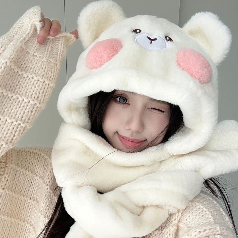 New Blush Bear Plush Hat for Women In Winter Warmth Lei Feng Hat Scarf Gloves One Piece Set
