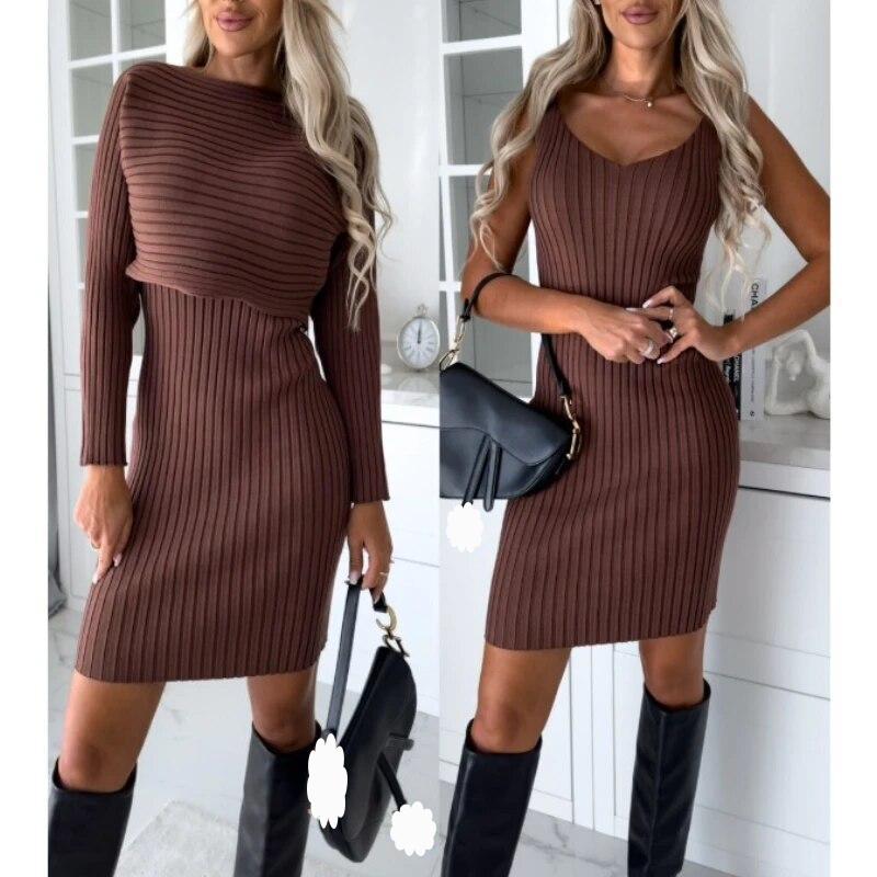Модные осенние элегантные трикотажные женские комплекты платьев, зимние однотонные платья из двух частей с длинными рукавами, зимние сексуальные вечерние платья из 2 предметов 30462