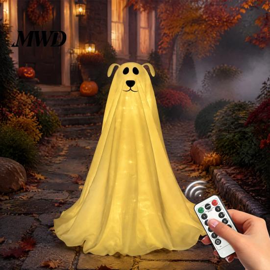 Spooky Dog Statue for Outdoors Lighted Ghost Halloween Decoration, Battery Operated Freestanding Family Friendly Horror Decorations with Remote