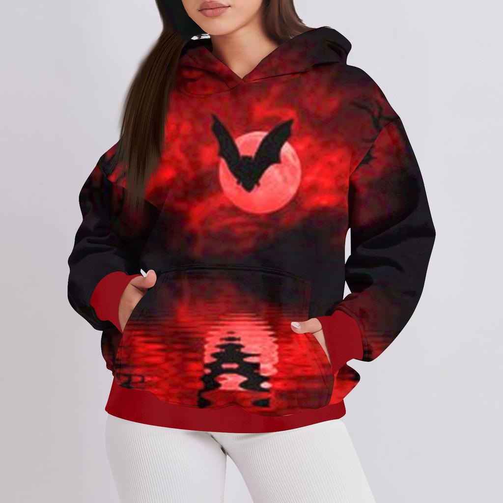 Women's Fashion Casual Pullover Hooded Sweatshirt Halloween Printed Long Sleeve Sweatshirt
