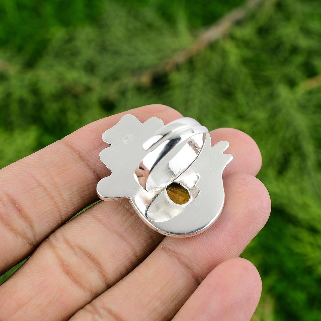 Gift For Her 925 Silver Natural TigerS Eye Solitaire Flower Adjustable Ring