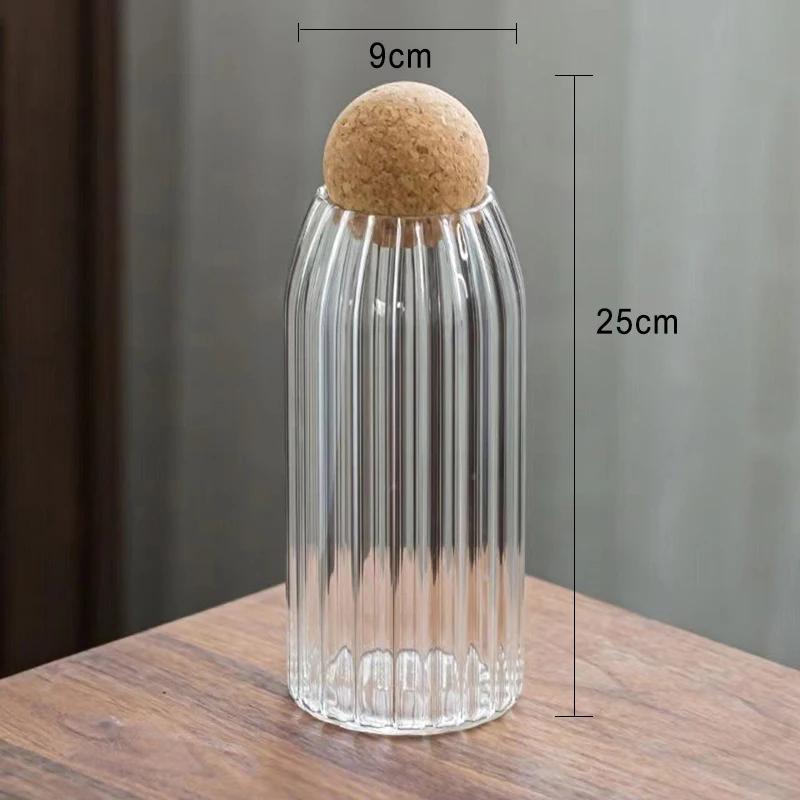 500-1300ml Glass Stripe Sealed Storage Tank with Cork Stopper Kitchen Storage Box Coffee Beans Nuts Candy Food Spices Container