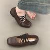 Vintage Cross Strap Soft Leather Flat Shoes Square Head Pig Nose Ballet Shoes Women's Shallow Mouth Mary Jane Single Shoes