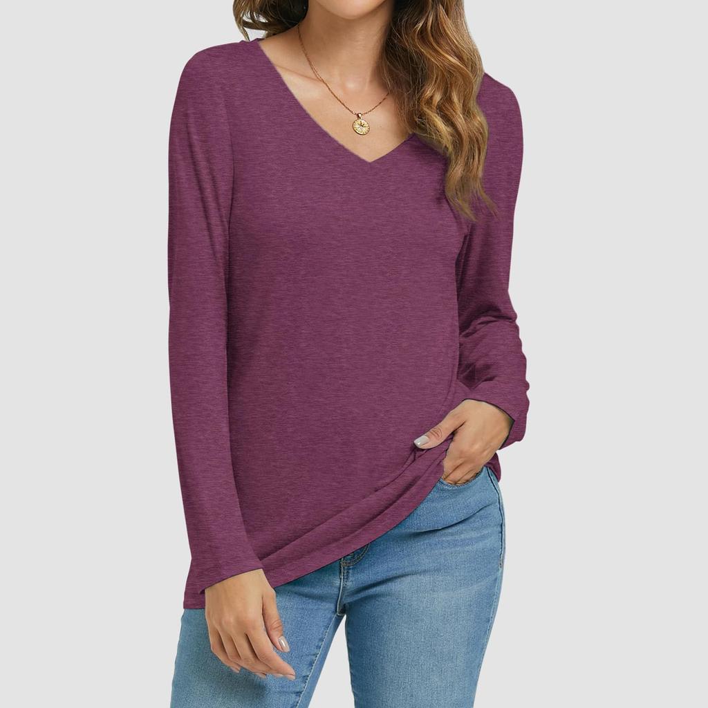 Womens Long Sleeve V Neck Shirts Basic Tee Casual Top Fall Trendy Tunic Outfits Fitted T Shirts