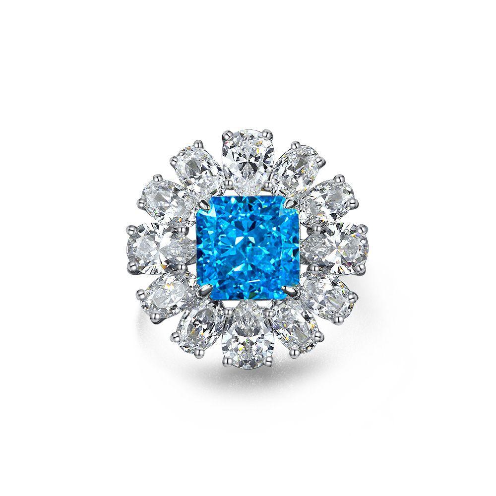 GICA GEMA 100% 925 Sterling Silver Aquamarine 10*10mm Zircons Gemstone Flower Rings For Women Sparkling Party Fine Jewelry