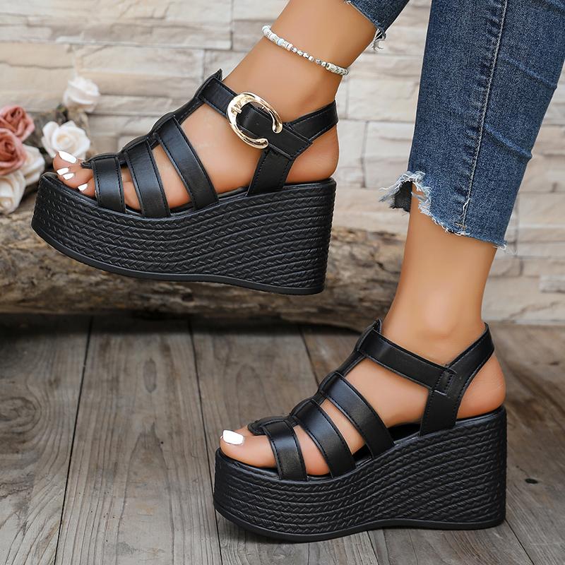 Модные женские сандалии на танкетке в римском стиле, толстая подошва, ремешок с пряжкой, сандалии-гладиаторы, женские летние белые массивные сандалии на платформе