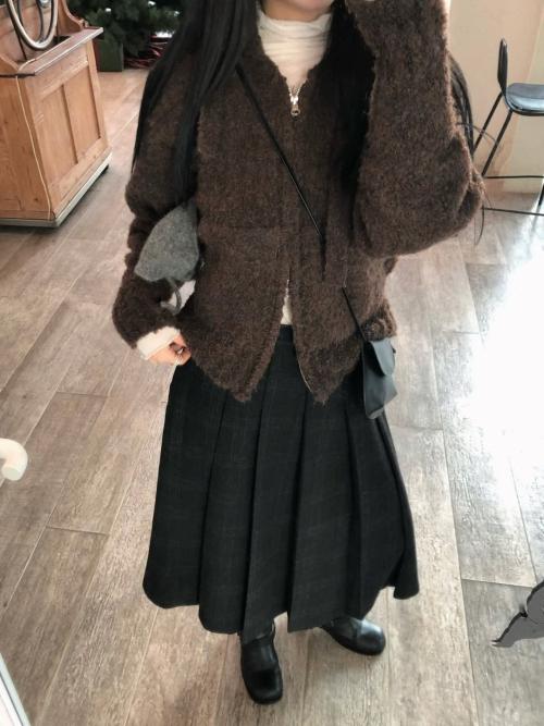 MA JOURNEE Tie Set Cozy Boucle Knit Zip-Up_Brown