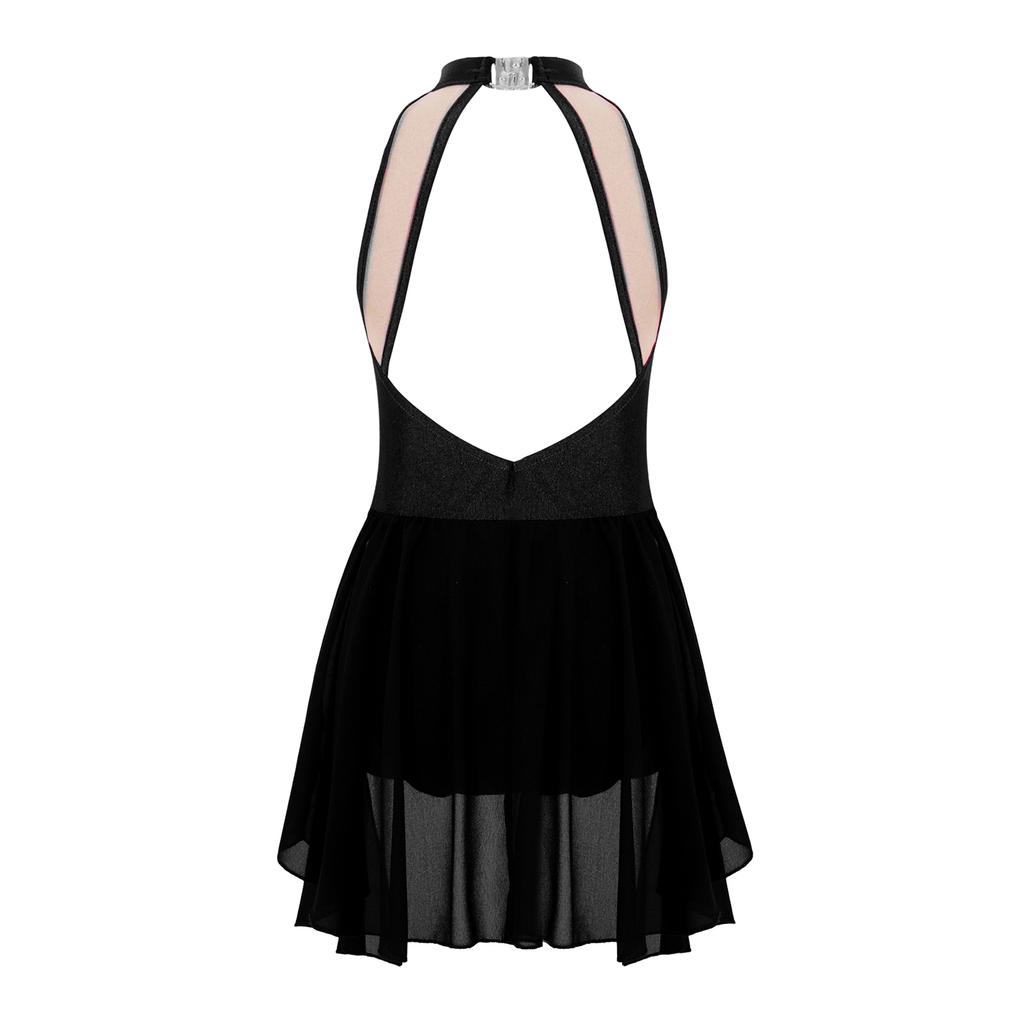 Kids Girls Elegant Chiffon Dress Sleeveless Stand Collar Backless Rhinestone Floral Stage Costume