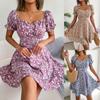 Square Neck Printed Dress High Waist  Elegant Dress for Women Short Sleeve Loose Dresses Causal Dress