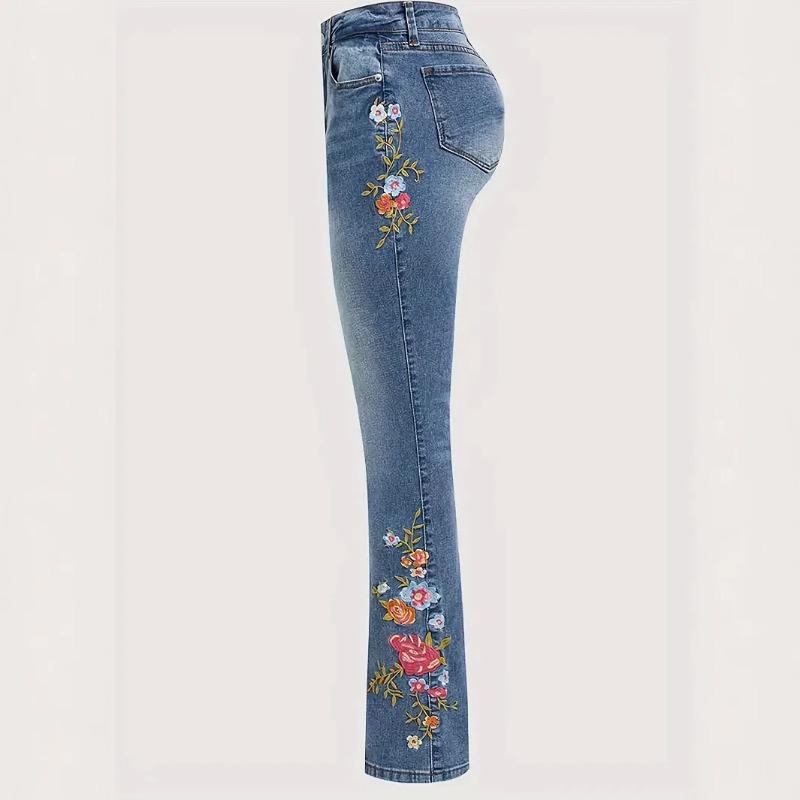 VibeStreet Jeans Women Boot Cut Flare Pants Stretch Mid Waist Embroidery Full Length Trousers Washed Distressed Denims Streetwear