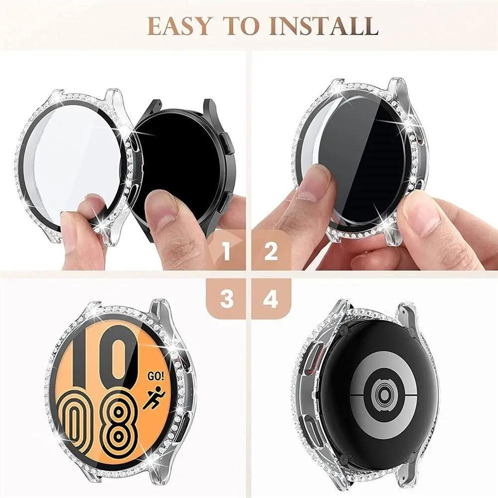 Блестящий чехол для Samsung Galaxy Watch 6 40мм 44мм Защитная крышка ПК Алмазный Стразы Бампер+Закаленное стекло Пленка для экрана