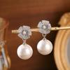 Elegant French Flower Pearl Zircon Stud Earrings in S925 Silver – Luxury High-End Women's Jewelry