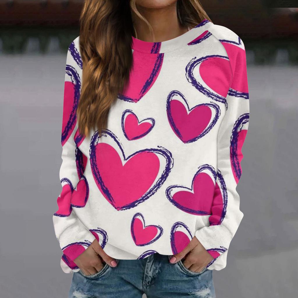 Женская модная повседневная толстовка с длинным рукавом и принтом на День святого Валентина и круглым вырезом
