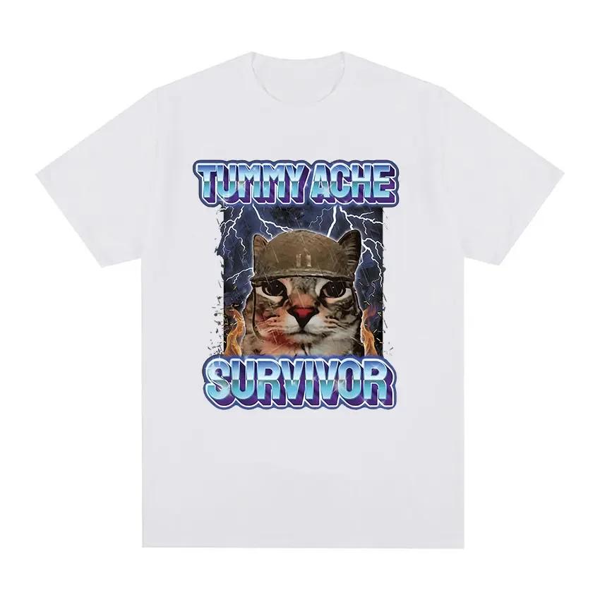 Vintage Tummy Ache Survivor Funny Cat Meme Tee Shirt Unisex Unisex Clothing Fashion Short Sleeve Tshirt Casual Pure Cotton T Shirts