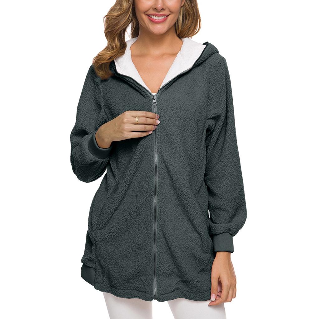 Женская мода повседневная однотонная куртка с капюшоном на молнии из овечьей шерсти кардиган свитер