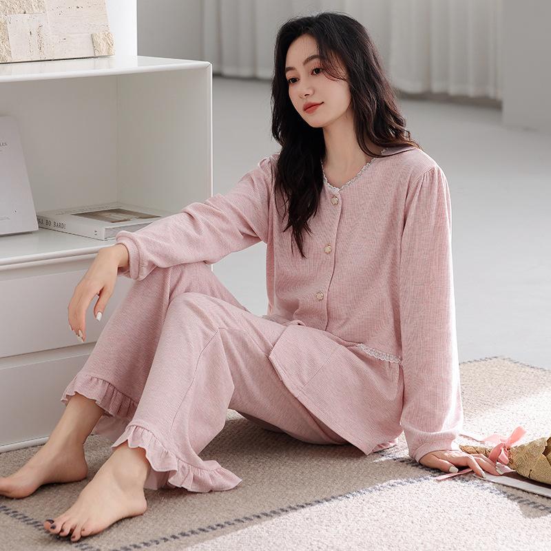 Пижама женская осенне-зимняя с длинными рукавами и брюками, двусторонняя полированная немецкая фланель, средней и толстой плотности, домашняя одежда, теплый костюм