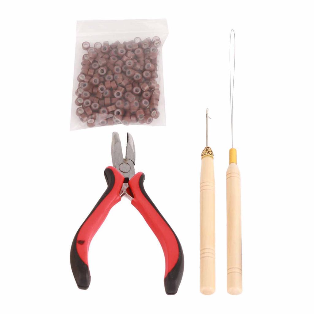 4pcs Hair Wig Plier Curved Tip Wooden Hook Needle Silicone Rings Hair Extension Tools Brown