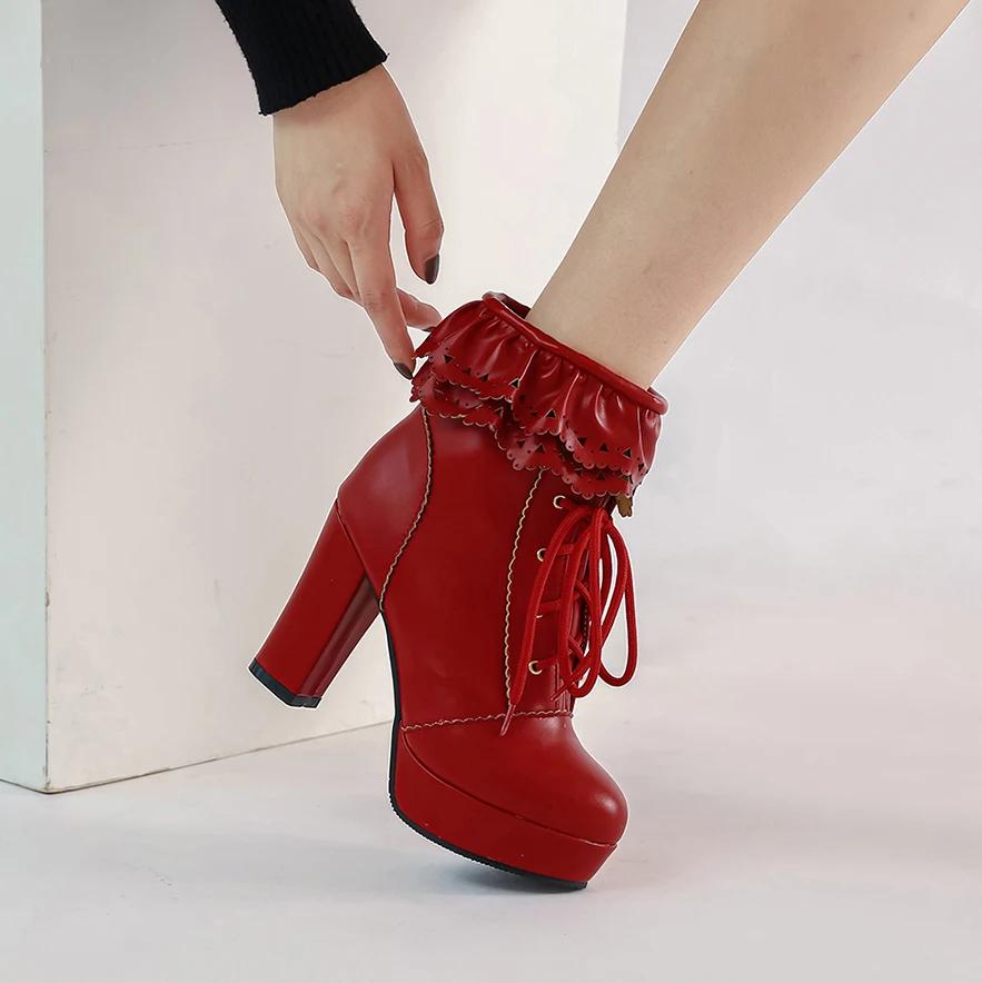 Женские ботильоны на шнуровке, женская обувь, милые кружевные ботинки в стиле Лолиты для косплея, женские ботинки на высоком каблуке, размер 43