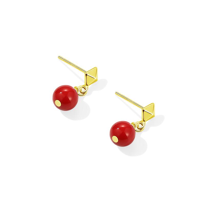 Серьги из агата с красной фасолью Женские серьги на Новый год Красный год Кролика Серьги на год рождения Геометрические серьги-пусеты с бриллиантами