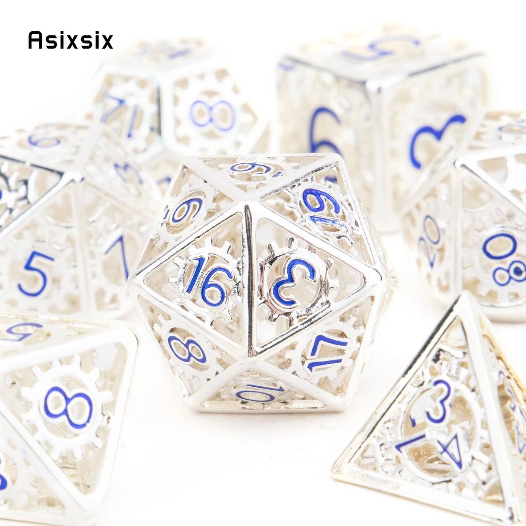 7 Pcs White Blue Gear Wheel Metal Dice Hollow Metal Polyhedral Dice Set Suitable for Role-Playing RPG Board Game Card Game