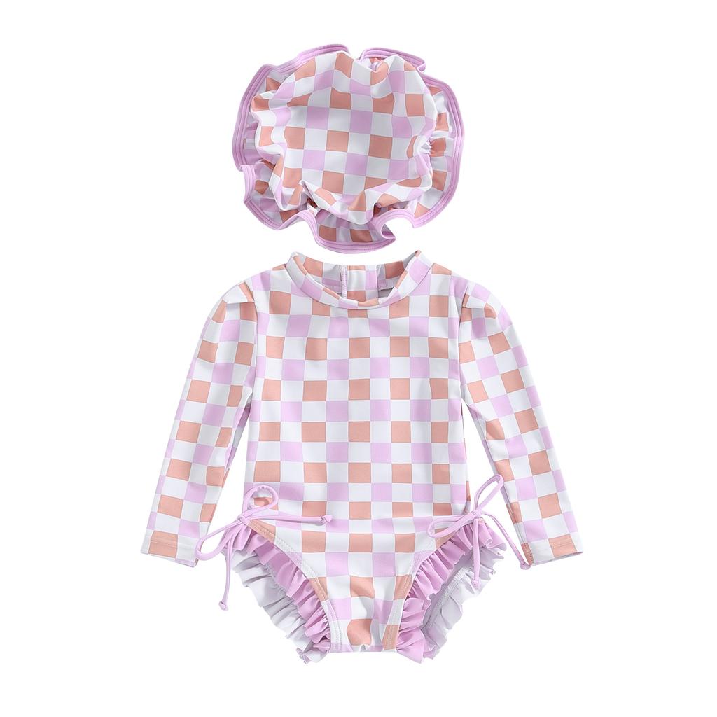 Купальник с длинным рукавом и принтом «Цветы/Мороженое» для девочки, детский купальный костюм, детская купальная одежда с солнцезащитной шляпой