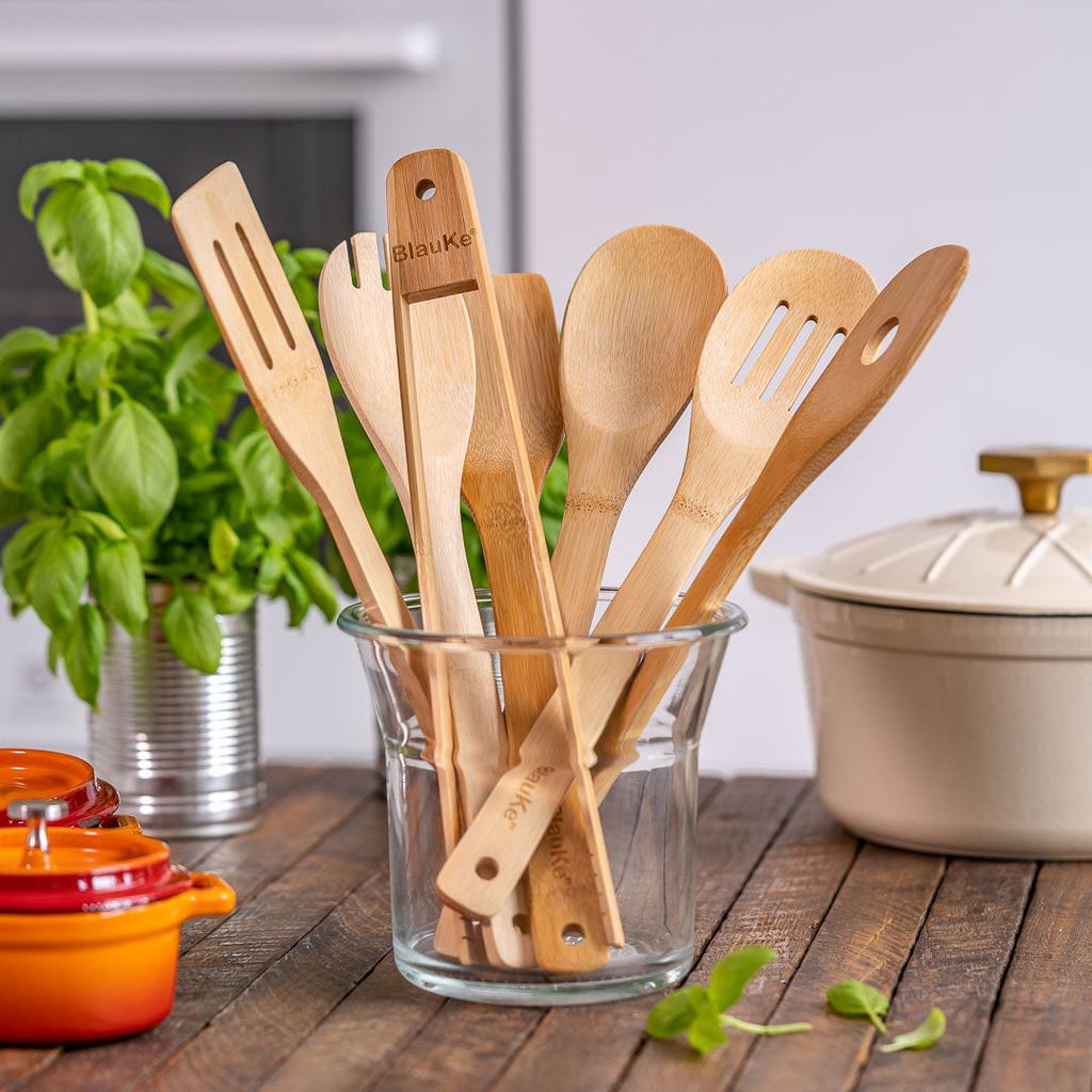 BlauKe® Wooden Kitchen Utensils Set of 7 – Bamboo Cooking Utensils for Non-Stick Cookware – Wooden Spatulas for Cooking, Wooden Spoons