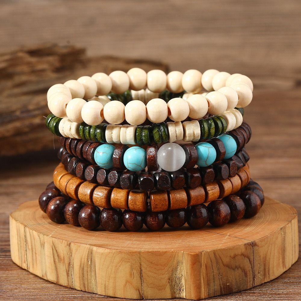 5/6 pcs/set Ethnic Style Bead Bracelet Set Wood Hand Ring Geometric Men Bracelets Gift