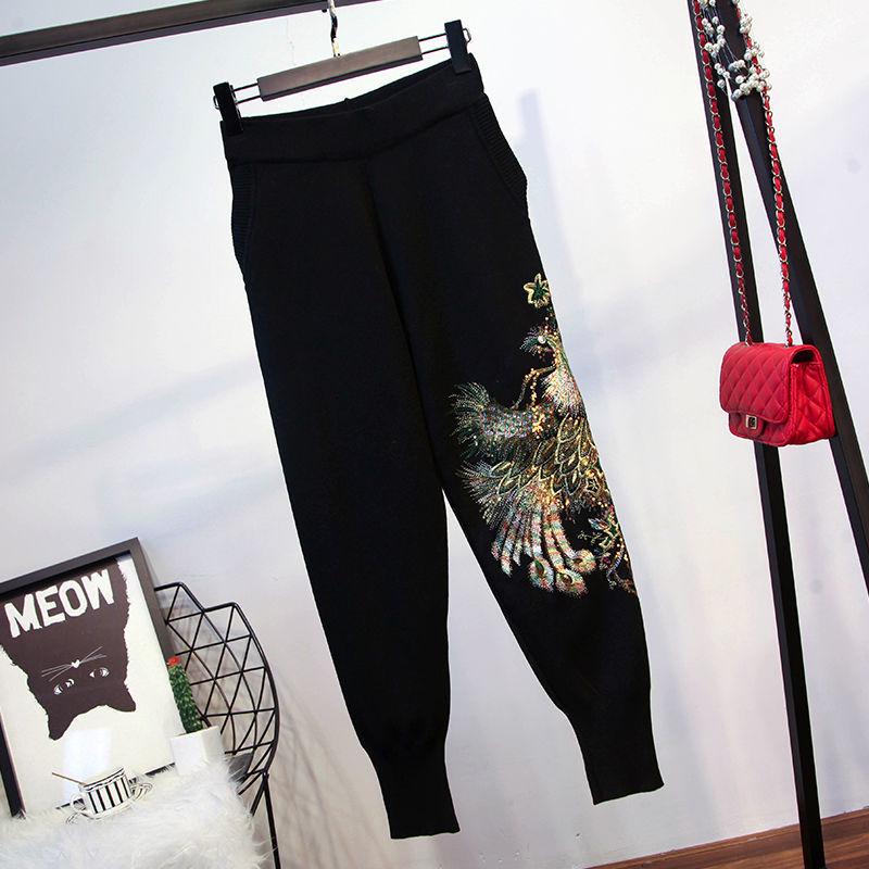 Женский велюровый комплект из двух предметов большого размера с пайетками в виде павлина - Модный костюм с длинным рукавом для осени