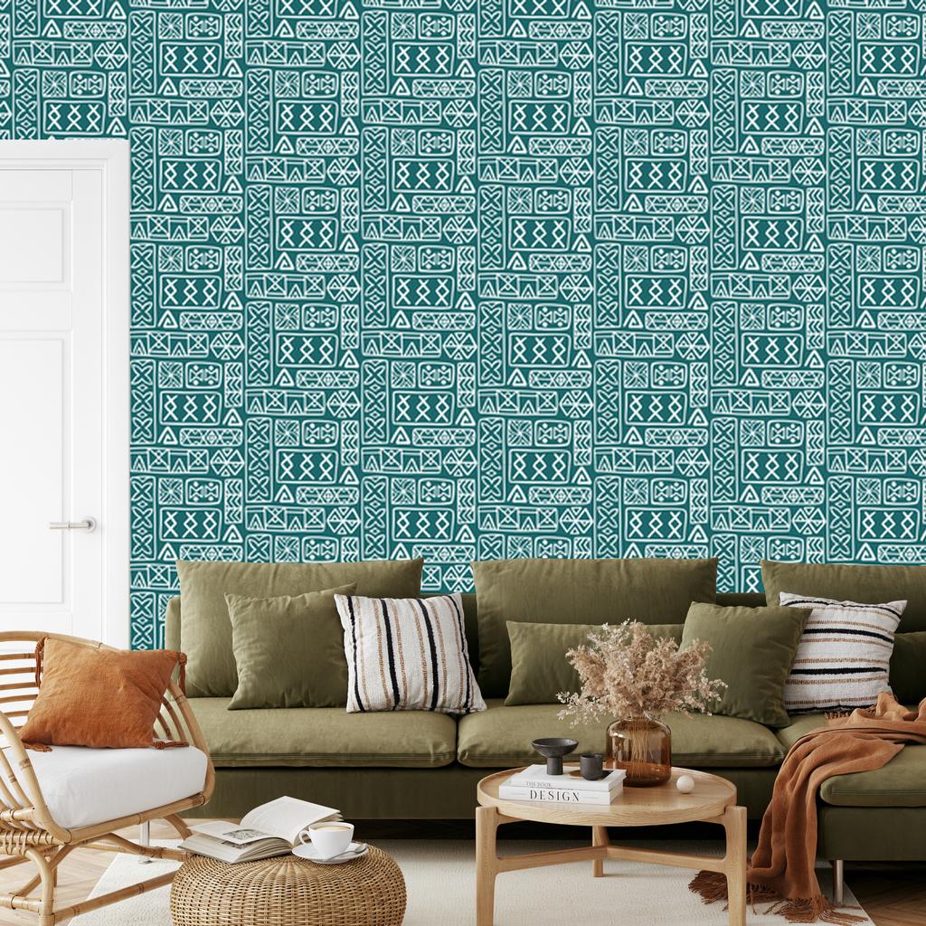 Polynesian Geometric Pattern Turquoise Wallpaper 50x1000