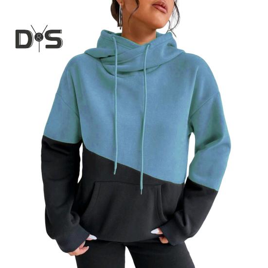 Женская толстовка с капюшоном на осень-зиму с цветными блоками, завязками на шнурке, длинными рукавами, эластичными манжетами и подолом, большим карманом, плотный спортивный топ для фитнеса