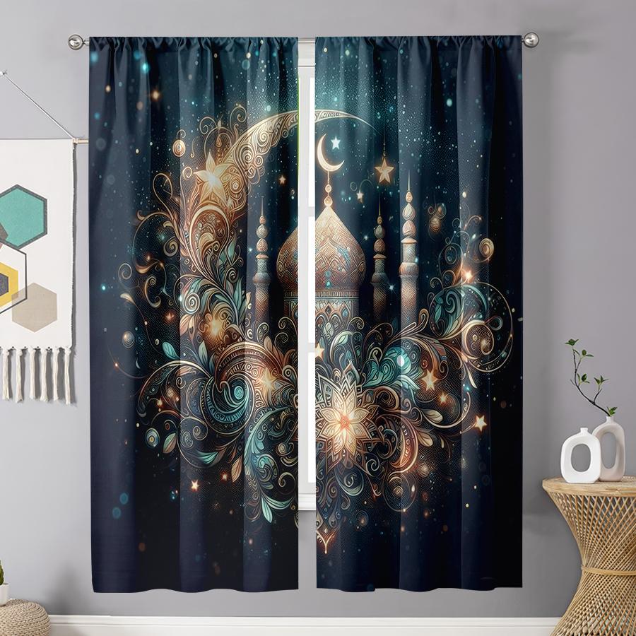 2 ШТ. Шторы с золотистым исламским узором «Звездное небо», Мечтательный стиль, Гостиная и Спальня, Декорация с карманом для кулиски