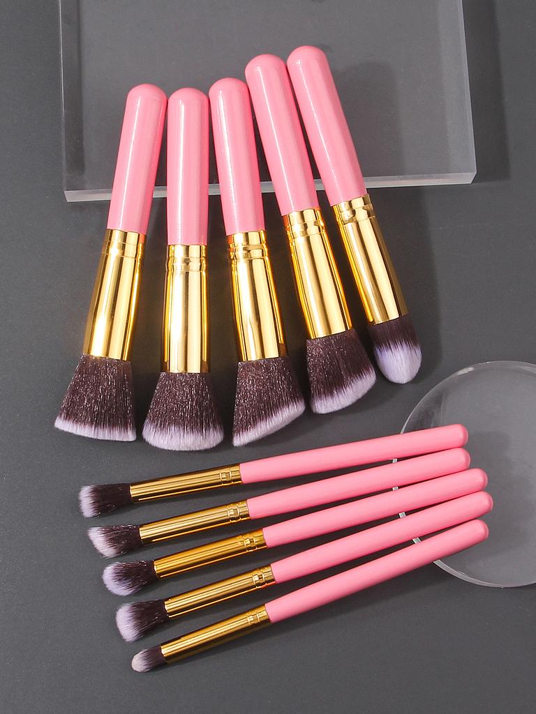 10Pcs Pink Wooden-handled Makeup Brush Set, Including Foundation Brush, Blush Brush, Eyeshadow Brush and Highlight Brush