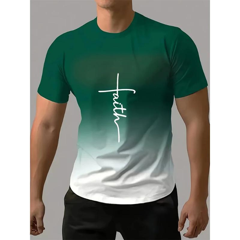 Men's Casual T Shirt Splicing Color Novelty Faith 3D Cross Symbol Printing Retro Summer Daily Top Shirt