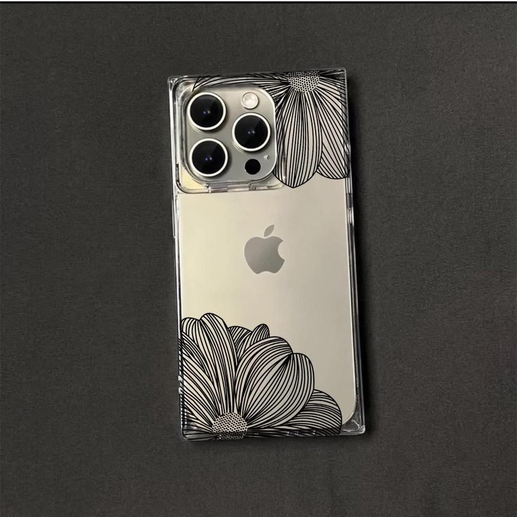 Прозрачный чехол с квадратной задней крышкой для защиты трубки для iPhone 14 Pro Max 11 12 15 Plus 16 ProMax 13, защита от окисления, чехол с лепестками и черными линиями