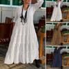 Женское платье макси с V-образным вырезом, длинными рукавами, однотонное длинное платье с оборками, плиссированным подолом, летнее платье для отдыха