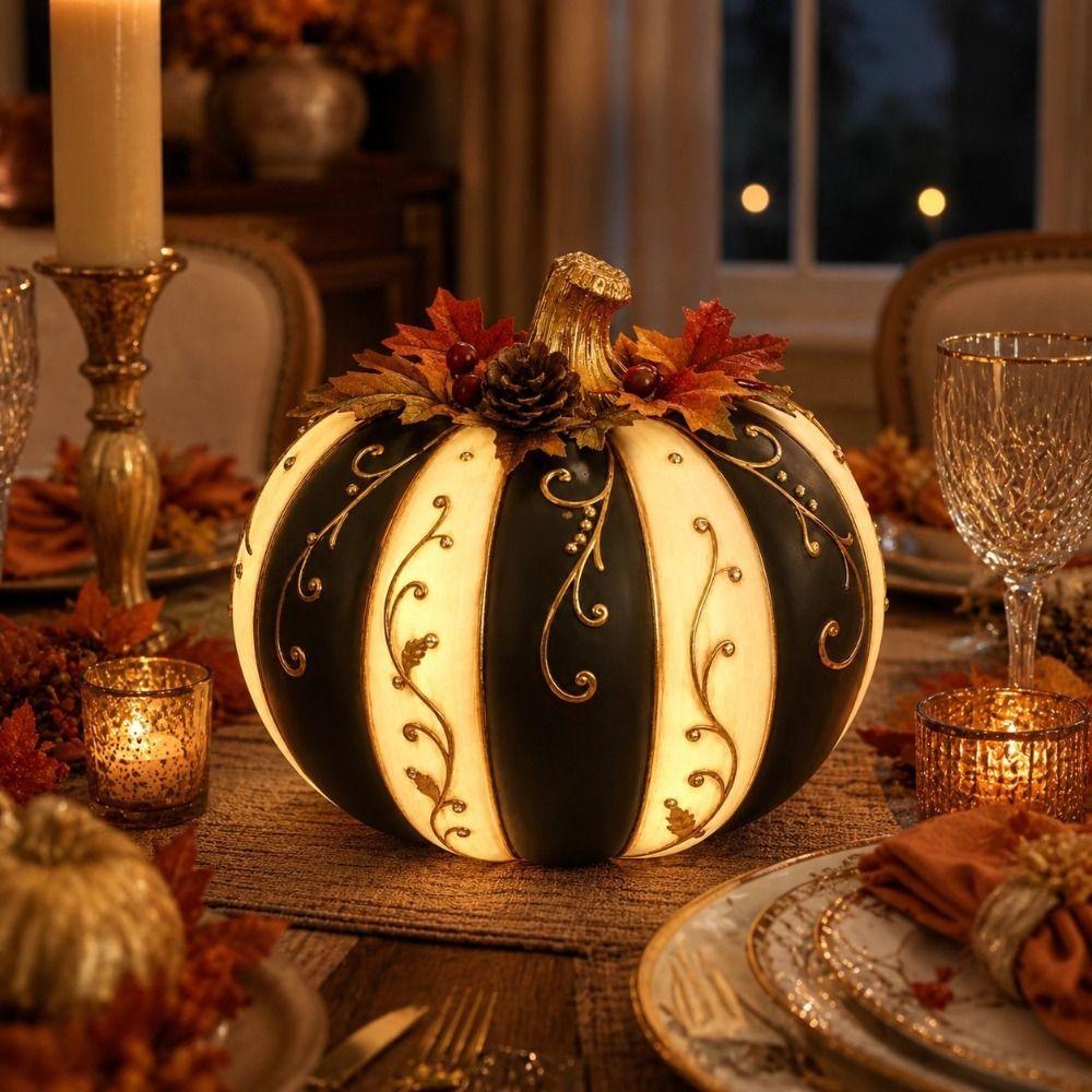 Black White Stripe Pumpkin Decoration Golden Pattern Halloween Ornament Home Decoration