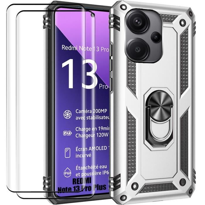 Coque et Verres Trempés - E.F.CONNECTION - Pour Xiaomi Redmi Note 13 Pro+ 5G - Argenté - Support 360° - Antichoc